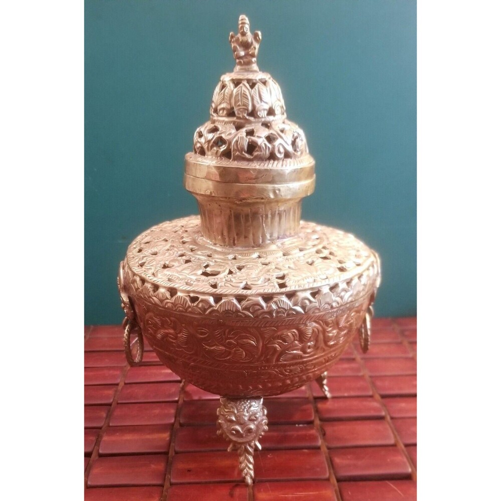 Vintage Tibetan Nickleplate Copper  Bronze Incense Burner Censer Dragon & Demons